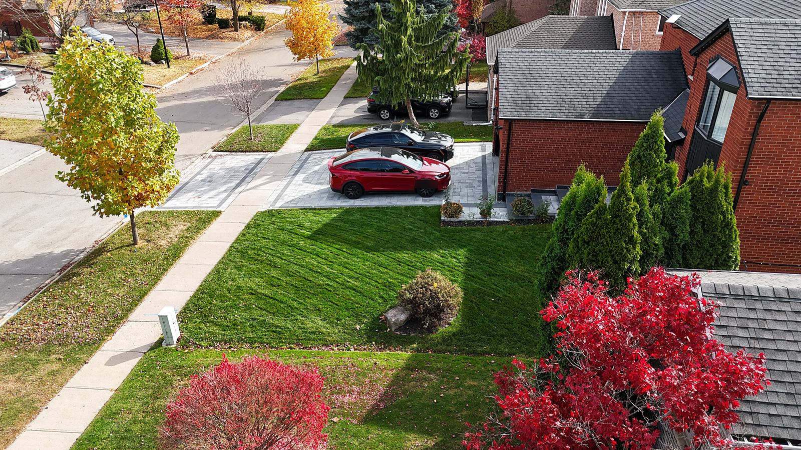 Front lawn and red maple from above in autumn