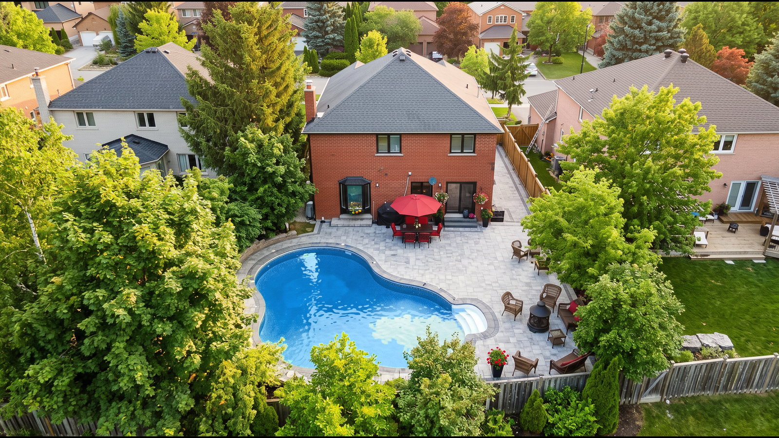 A backyard pool and patio from above on a summer afternoon